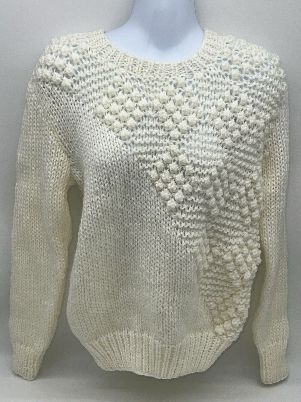 Vintage 80s Ray Strauss Cozy Off White Bubble-Stitch Crewneck Sweater-Size M